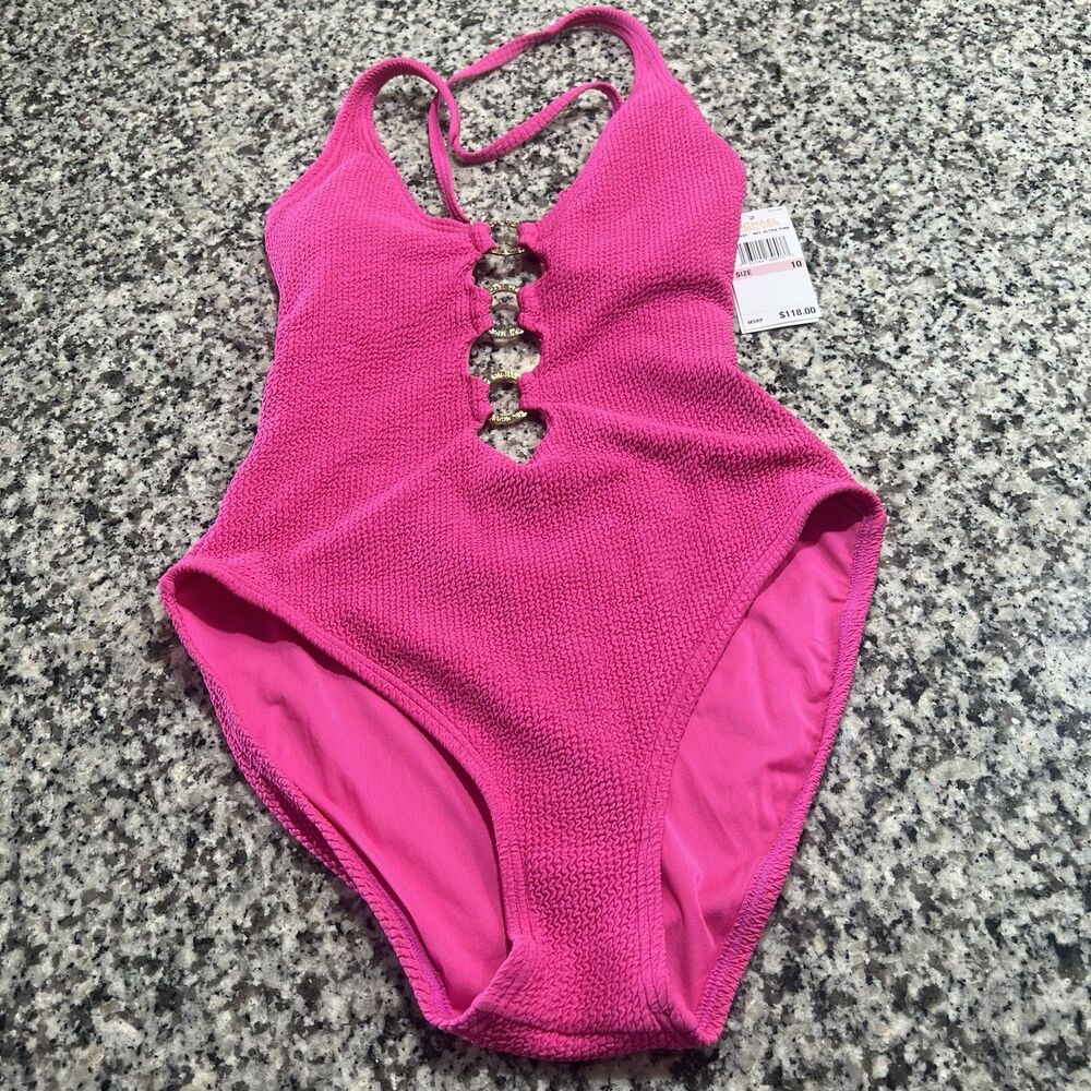 Michael Kors Womens Solid Textured Cross-Back One-Piece Ultra Pink NWT‎ 10